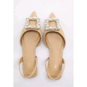 ZARA Straw Woven Pearl Pointed Toe Slingback Flats